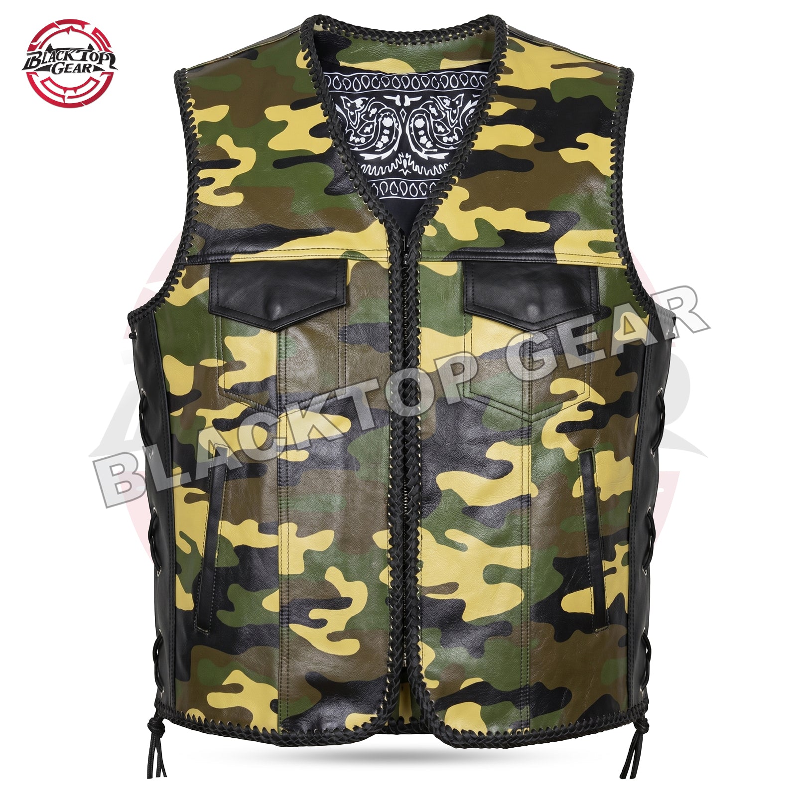 Men's Green Camo Leather Vest - Military Style Sleeveless Jacket