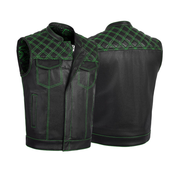 Men's Green Black Cross Stitch Club Style Cow Platted Milled Leather Vest.
