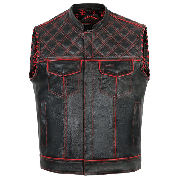 Men's Black Diamond Leather Vest Paisley lining Motorcycle Waistcoat Conceal Carry Pockets