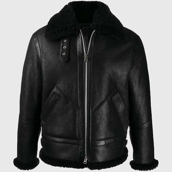 Ashley B-3 Shearling Black Leather Aviator Jacket