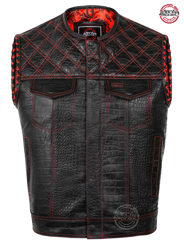 Crocodile Emboss Leather Vest Red Diamond Motorbike Motorcycle Biker Waistcoat Conceal Carry Paisley Lining