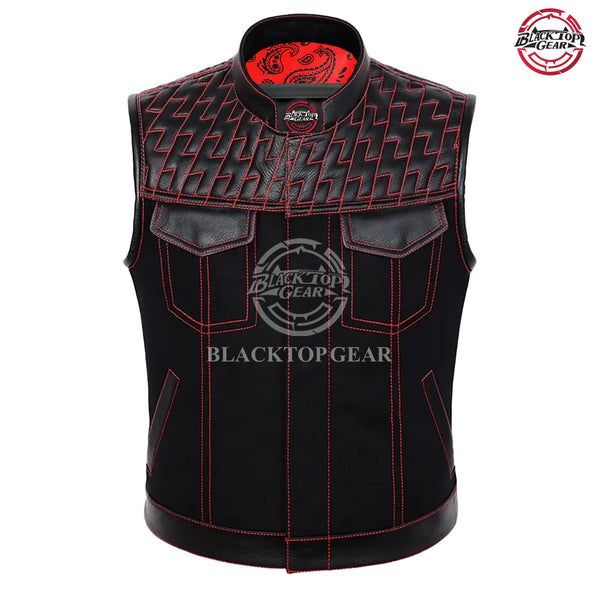 Club Style Motorcycle Men's Leather Vest Cowhide Denim Blue Patchwork Vest