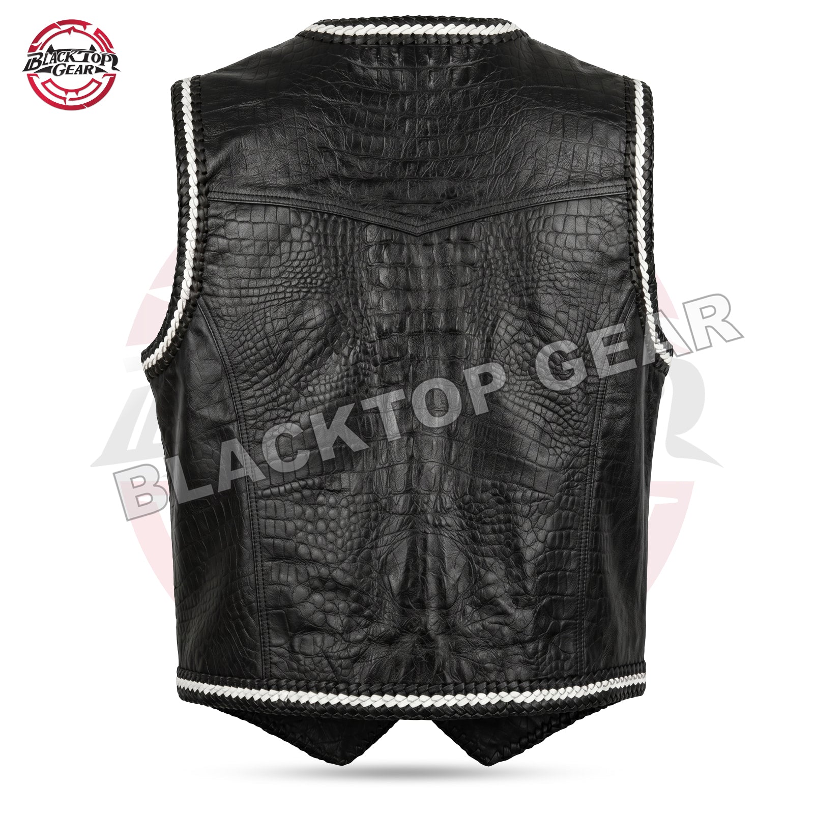Black Crocodile Embossed Leather Vest, Men's Braided Biker
