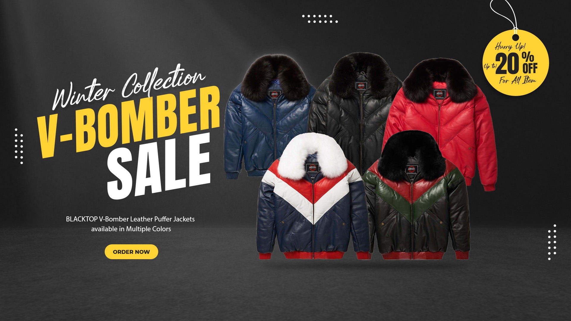 Blacktop V-Bomber leather puffer jackets with a discount tag on a dark background.