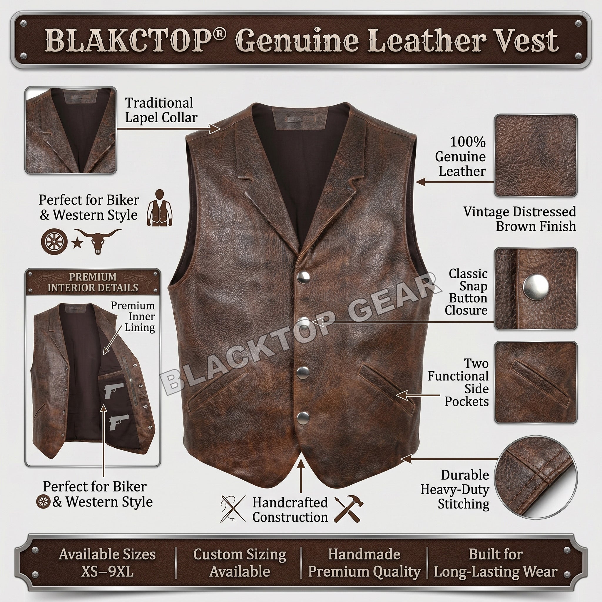 Men's Genuine Sheep Leather Vest Brown Vintage Western Cowboy