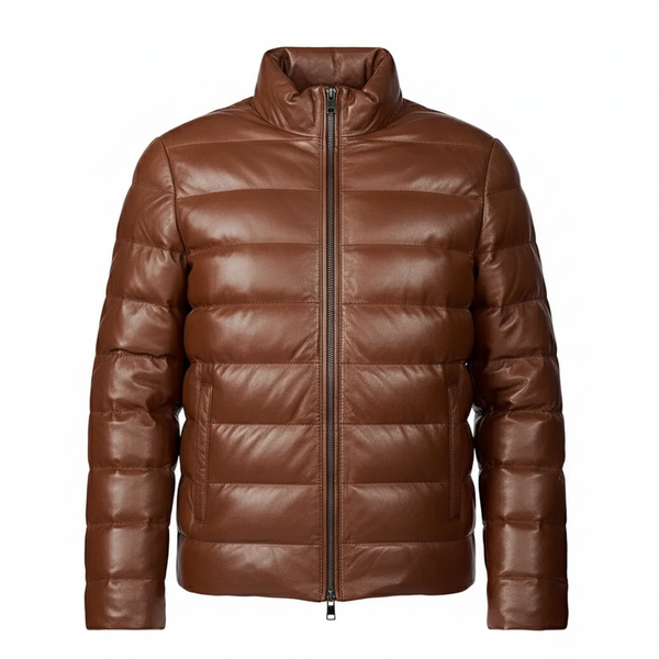 Brown Leather Puffer Down Jacket, Warm Winter Coat, Men’s/ Women’s Padded Bomber Jacket, Trendy Leather Outerwear, Quilted Down Jacket