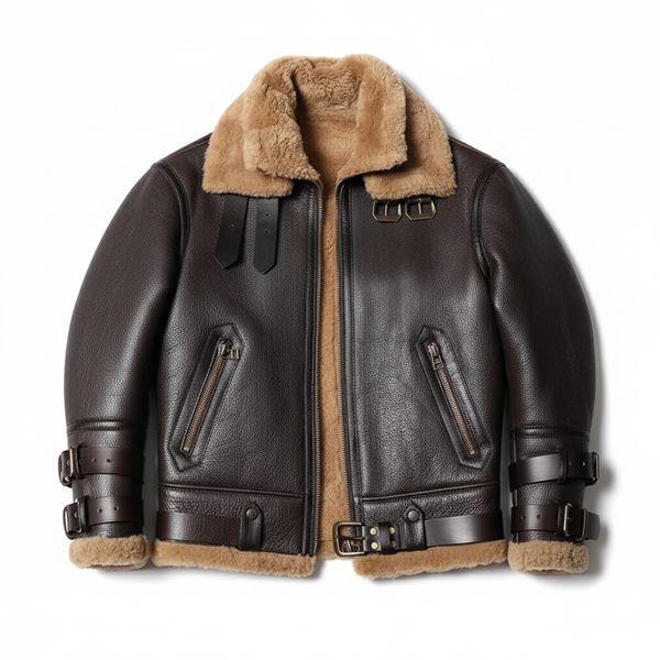 Men Brown B3 RAF Pilot Bomber Shearling Fur Real Sheepskin Leather Jacket Coat
