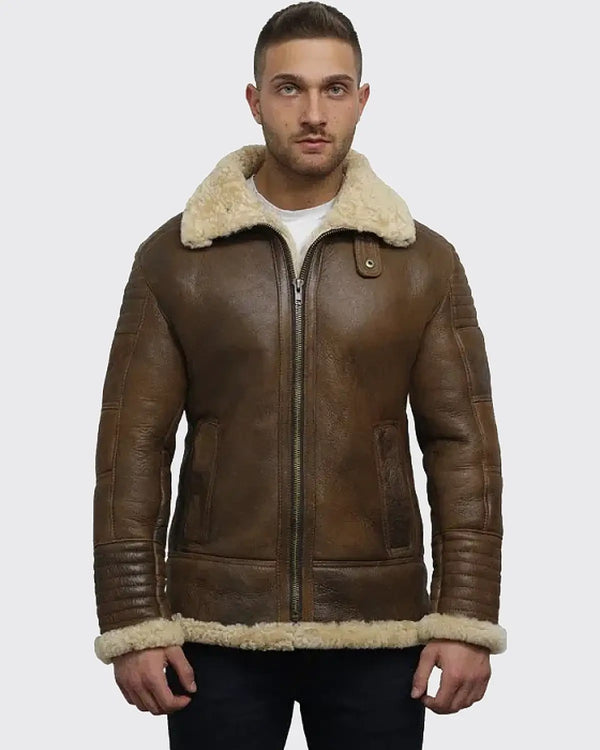 Men's Brown Quilted Genuine Shearling Leather Aviator Flying Jacket