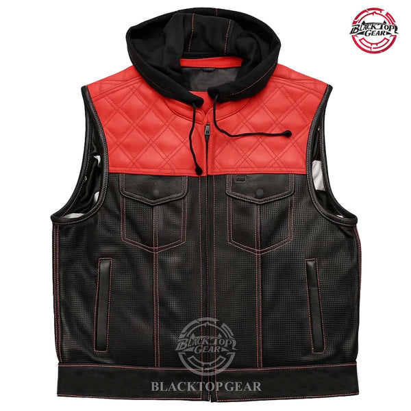 Men's Black & Red Leather Motorcycle Vest with Hoodie – Club Style Biker Gear USA Flag Lining Conceal Carry