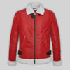 Men’s Red Shearling Sheepskin Jacket Classic Aviator Bomber Style Leather Winter Coat with White Fur Collar & Warm Lining