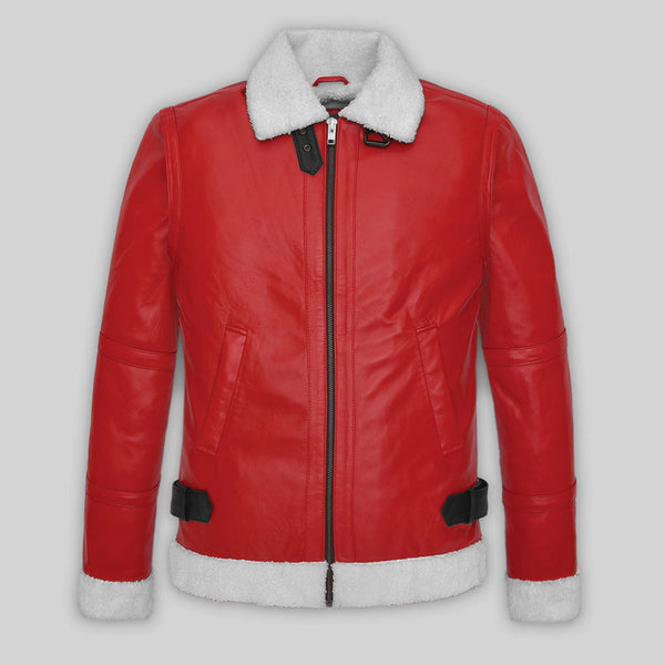 Men’s Red Shearling Sheepskin Jacket Classic Aviator Bomber Style Leather Winter Coat with White Fur Collar & Warm Lining