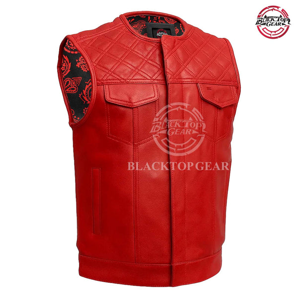 Men's Blue / Red Leather Vest Diamond Quilted Paisley lining & Thread Concealed Waistcoat