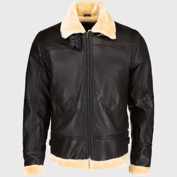 Steve Men’s Brown B-3 Bomber Aviator Real Sheepskin Shearling Leather Jacket