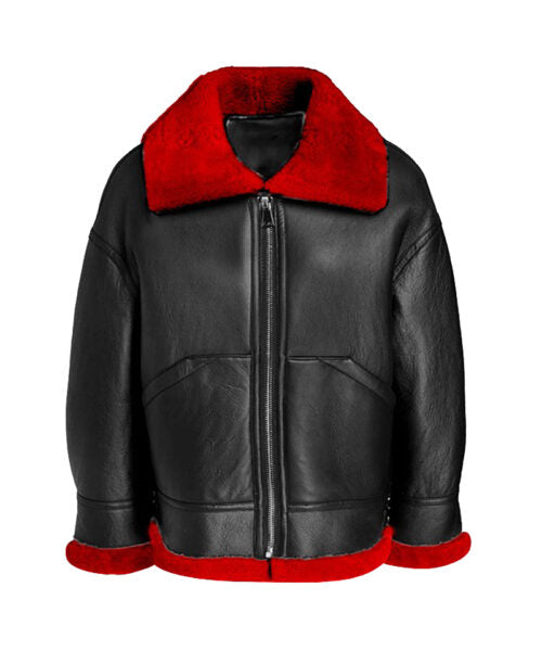 Women Real Sheepskin Aviator Leather Jacket with Red Shearling