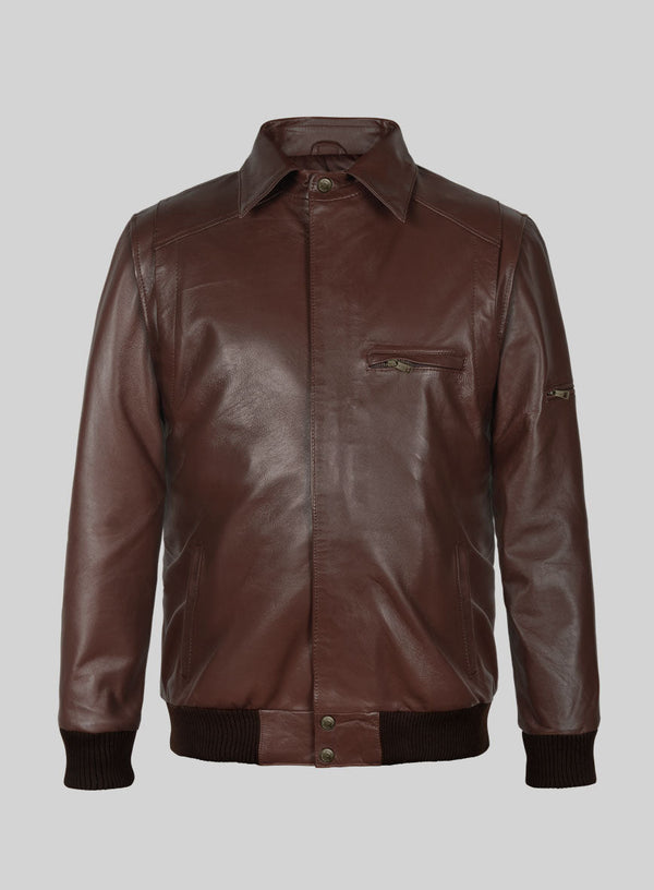 Men’s Brown Genuine Leather Bomber Jacket – Classic Zip-Up Vintage Style Coat with Ribbed Cuffs & Hem for Casual and Biker Wear