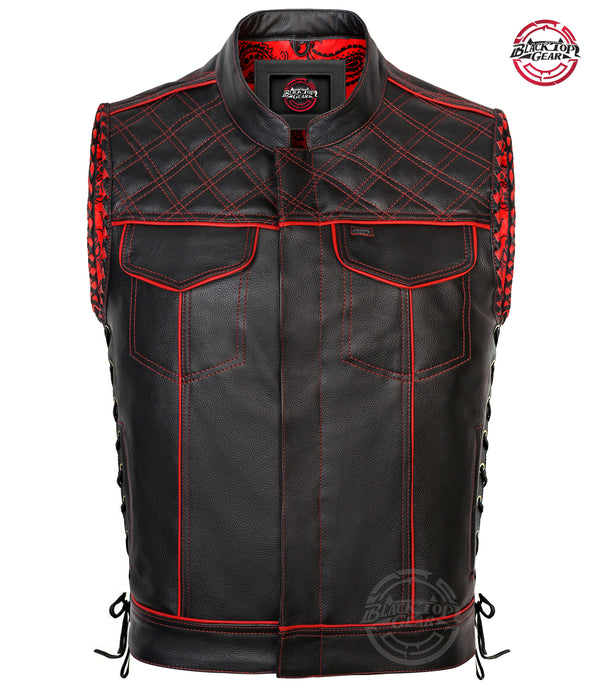 Men's Leather Vest Diamond Motorbike Motorcycle Concealed Carry Paisley Lining Waistcoat Side Laces