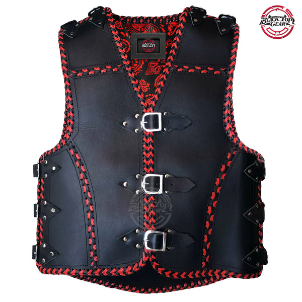 Men's Heavy Duty 3-4 MM COWHIDE Leather Motorcycle Club Vest Biker Red Braided