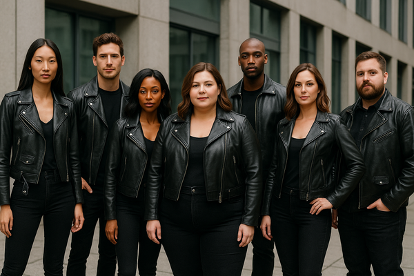 create a picture of mens & Women Wearing leather jacket Sizes that fit all