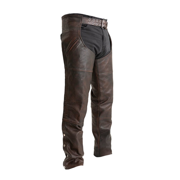 Men’s Vintage Brown Leather Chaps – Motorcycle Riding Protective Gear