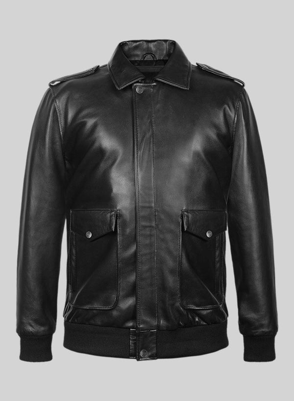 Men’s Black Leather Bomber Jacket – Real Cowhide Flight Coat with Front Flap Pockets & Ribbed Cuffs