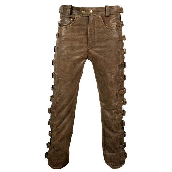 Mens Leather Pants Biker Jeans 5-Pocket Leather Jeans with Buckles Vintage Brown
