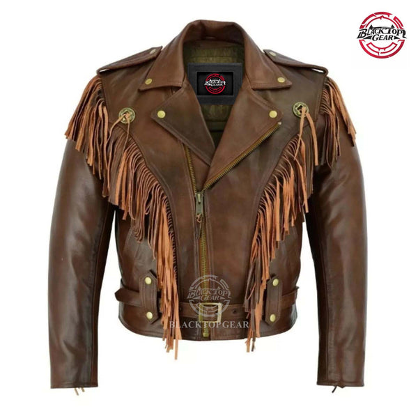 New Men’s Western Fringe Cowboy Motorcycle Jacket – Genuine Cowhide Leather