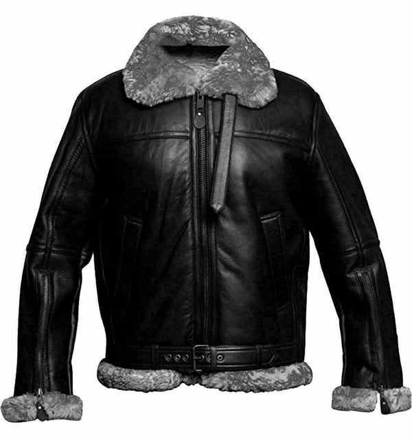 Mens Black B3 Bomber RAF Aviator Pilot Flight Leather Jacket, Real Shearling Sheepskin Aviator Fur Bomber Custom Jacket, Christmas Gift