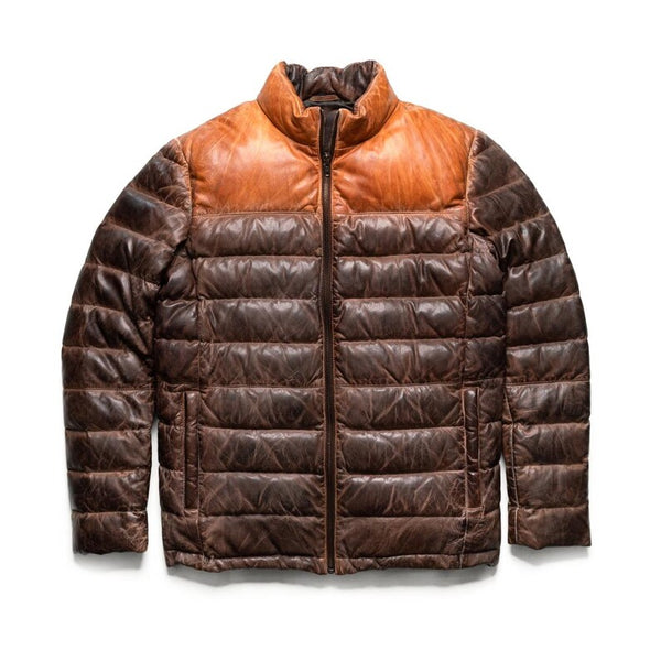 Men's Real Lambskin Leather distressed Orange\Brown Down Puffer Quilting Padded Fashion Outerwear Handcrafted Jacket, Gift for Him