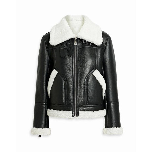 Women's Shearling Leather Jacket Black, Cozy Faux Fur Winter Outerwear, Trendy Leather Coat, RAF Aviator Bomber, Flying Leather Jacket Women