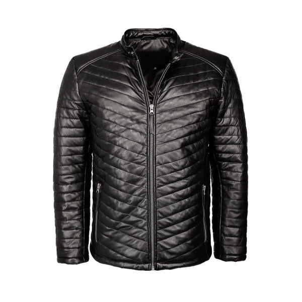 Black Lightweight Leather Puffer Jacket Men, Stylish Warm Winter Down Padded Coat, Men's Trendy Outerwear, Cozy Quilted Jacket, Gift for him