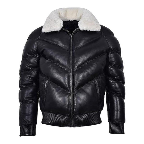 Leather V Bomber Puffer Jacket Men’s, Faux Fur Collar Winter Coat, Down Padded Quilted Warm Streetwear, Vintage Flight Jacket, Gift for Him