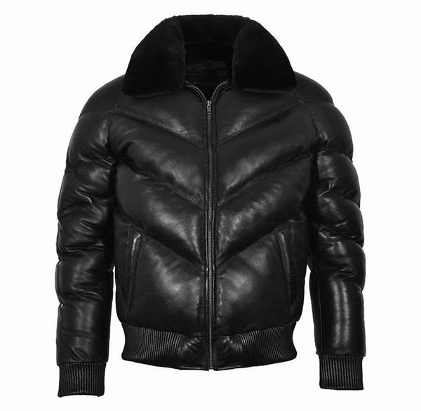 Men's Ace Puffer Leather Jacket Black Sheepskin Soft Collar WARM Bomber Jacket