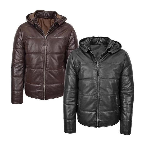 Men’s Leather Puffer Jacket with Removable Hood, Stylish Warm Winter Coat, Genuine Leather Outerwear, Insulated Padded Jacket , Gift for Him