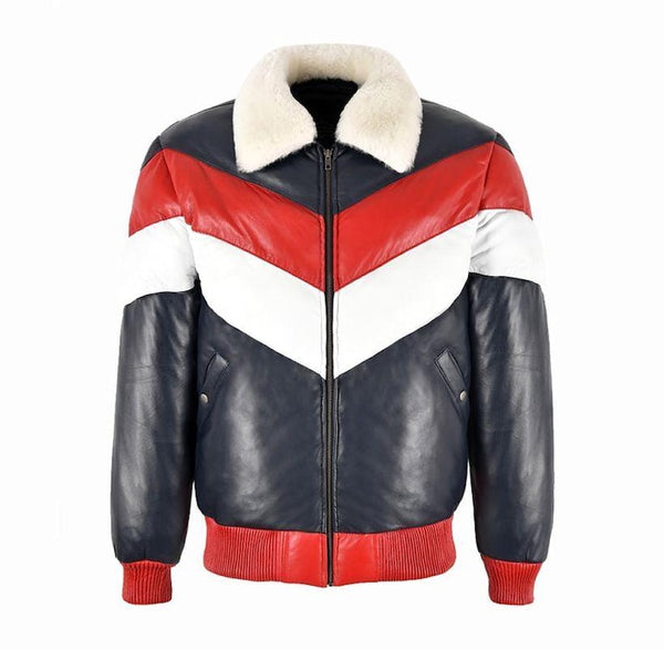 Mens Real Lambskin Leather V bomber Puffer Jacket, Down Padded Leather Streetwear Jacket, Men's Retro Bomber Coat, Handmade Gift for Him