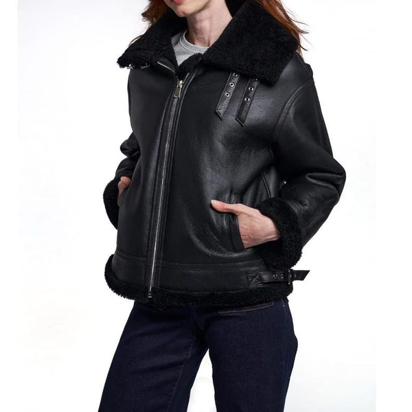 RAF Leather Shearling Aviator Bomber Flying Jacket Women | Real Sheepskin pilot Coat | Winter Biker Jacket | Handmade Gift For Her