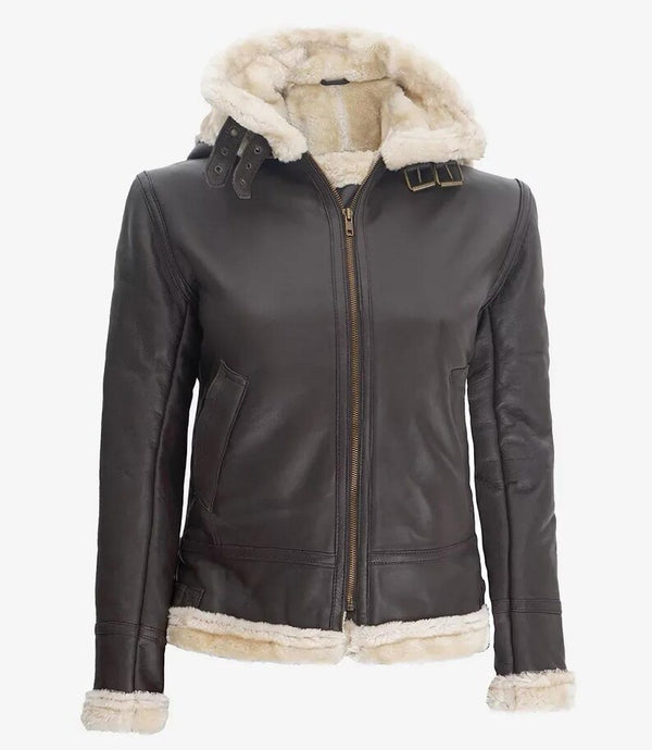 RAF Aviator Style Shearling Leather Bomber Jacket Women | Real Sheepskin Winter Hood Coat | Biker Fashion | Cozy Handmade Outerwear Gift