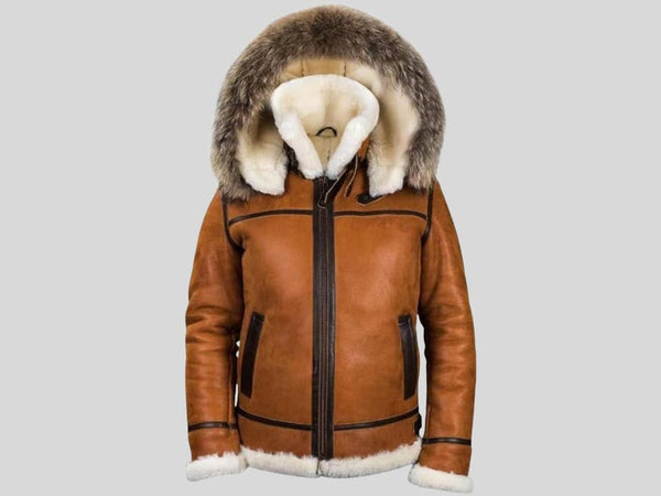 Men’s Sheepskin Shearling Leather Jacket with Fur Hood | Real Shearling Aviator Bomber Jacket | Winter Sheepskin Coat Handmade