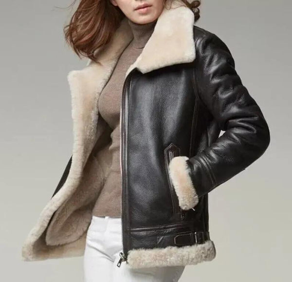 Women's Real Sheepskin Aviator Pilot Bomber Jacket, Handmade Collar Shearling Vintage Flying Coat, Gift For Her