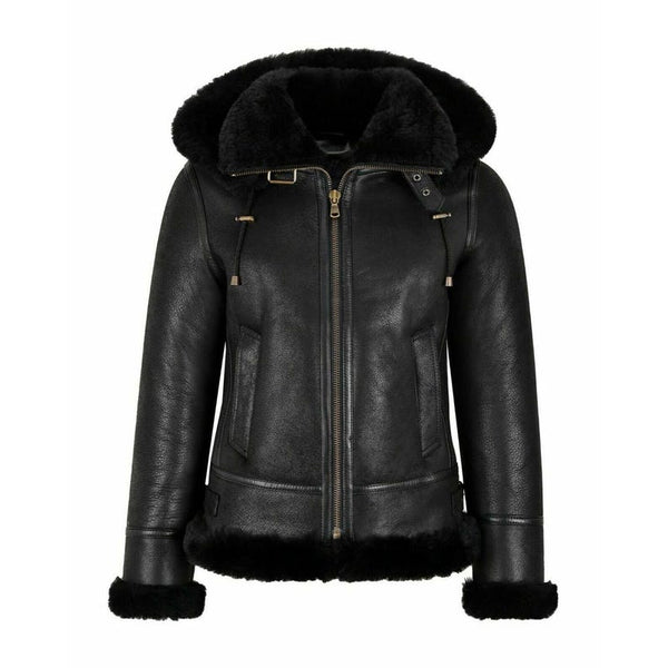 Women Black Shearling Jacket Hooded | Winter Warm Zip-Up Aviator Coat | Lamb Feather Stylish Outerwear | Cozy Street Style Bike Rider Jacket