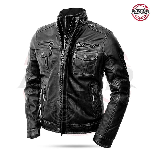 Men's Genuine Lambskin Leather Jacket-Black Distressed with Double Zipper S-5XL