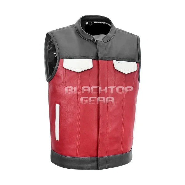 Men Black Premium Leather Red Hunt Club Motorcycle Vest - Gun Pocket Biker Vest