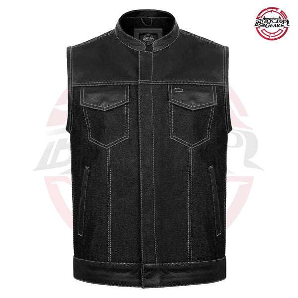 Leather Black Motorcycle Denim Vest Biker Men Gun Pocket XS-5XL
