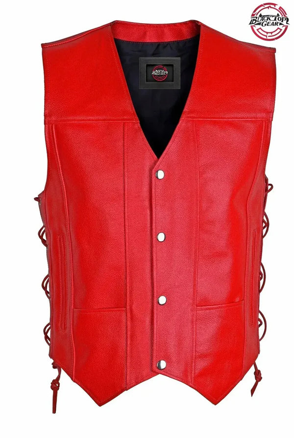Men's Motorcycle Biker Red Club Vest Genuine Cowhide Leather Concealed Carry