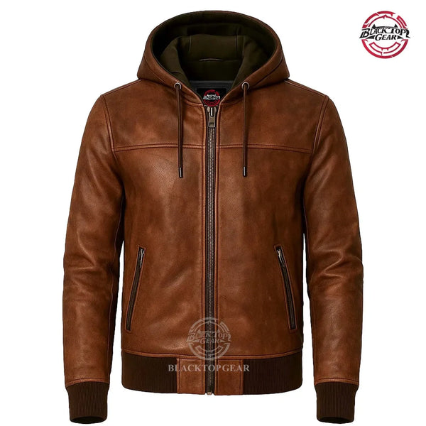 Men's Brown Distress Real Leather Premium Hoodie Genuine lambskin Leather Jacket