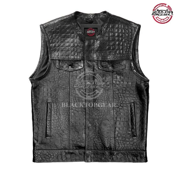 Men's Croc Embossed Black Leather Vest & Lining Motorbike Concealed Waistcoat