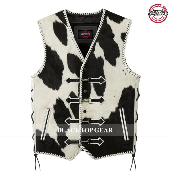 Men's Cowhide Natural Leather Vest Handmade Hair On Fur Western Cowboy Waistcoat