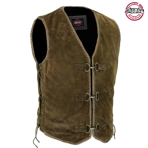 Men's Motorcycle Brown Braided Suede Leather Hook Clip Motorbike Rider Vest