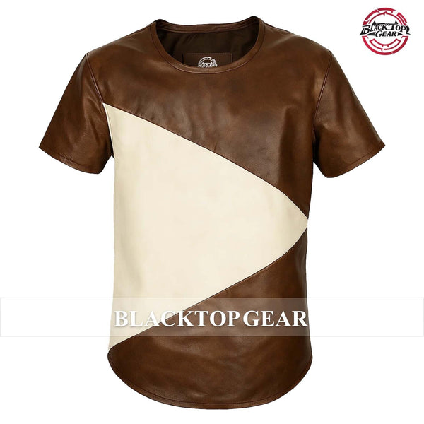 Men's Brown & Cream Lamb Leather T-Shirt | Short Sleeve Stylish Waxed Panel Tee