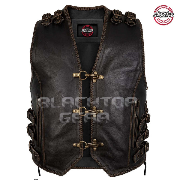Men’s Genuine Cow Leather Heavy Zipper Rocker Biker Waistcoat Motorcycle Vintage