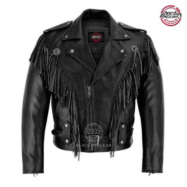 New Men’s Western Fringe Black Cowboy Motorcycle Jacket –Genuine Cowhide Leather
